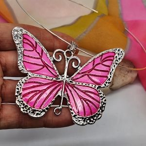 Big Pendant Silver Necklace Large Butterfly Neon Pink Boho Jewelry